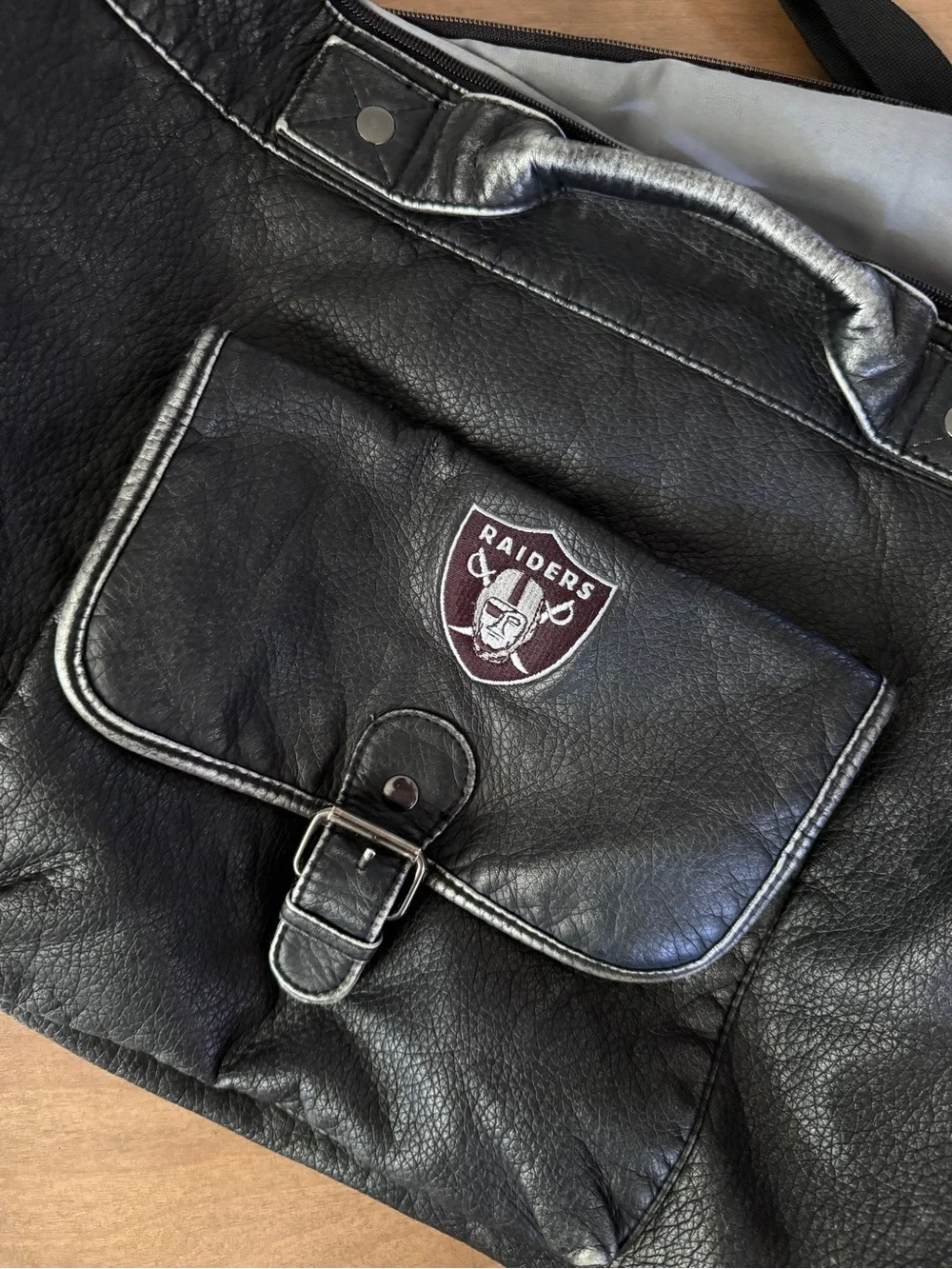 Black Leather-Style NFL Raiders Duffle Bag